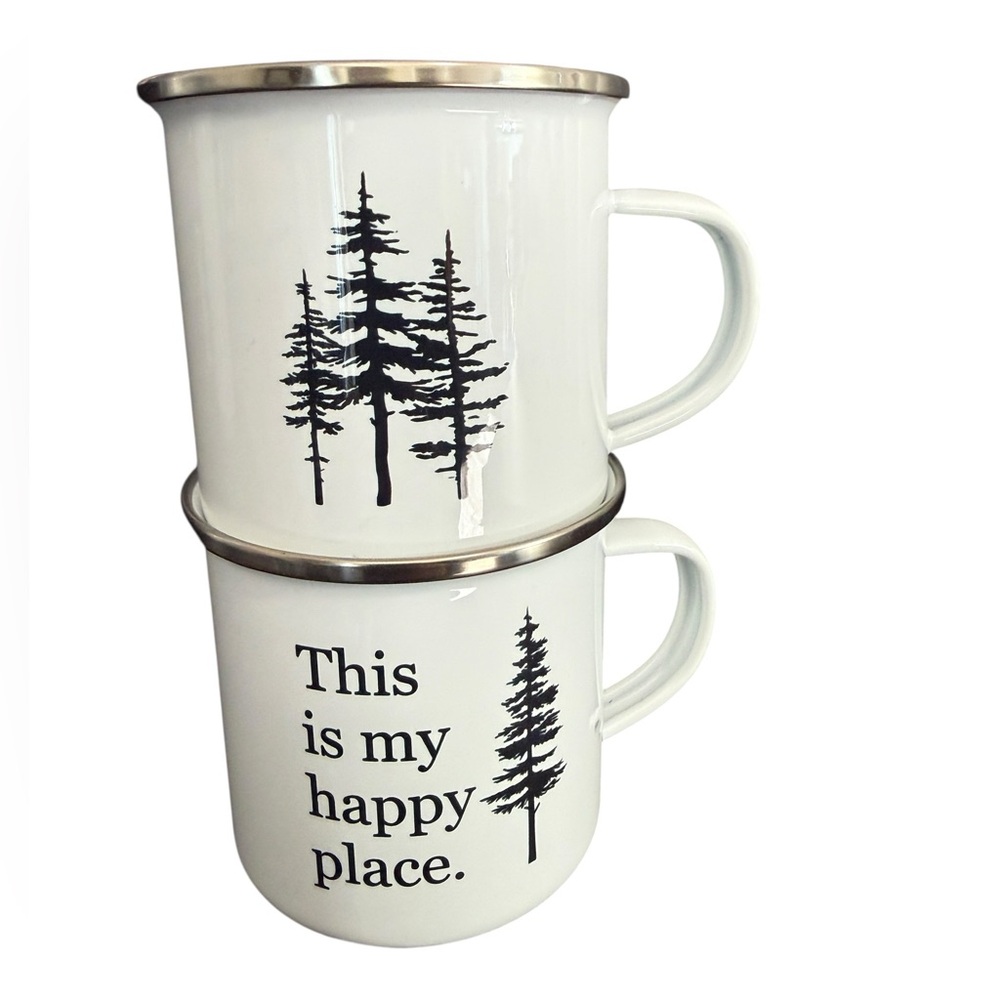 New, Three tree/Happy Place Enamel/Stainless Steel Rim mugs , set of 2, 6.5oz